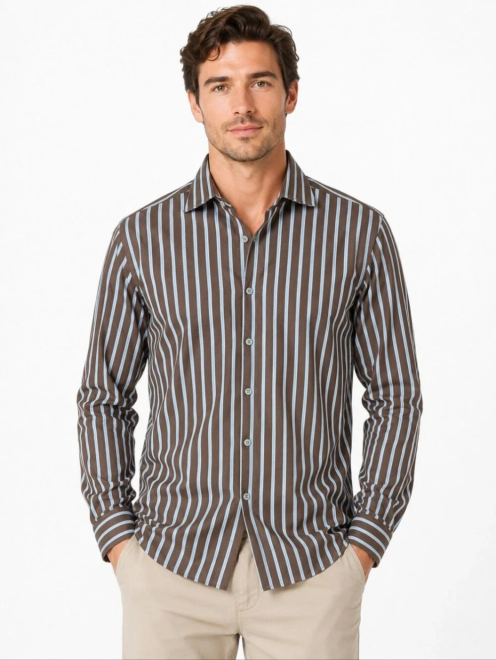 Banana Republic Brown Blue Stripe Button Shirt L 16-16.5 100% Cotton 2004